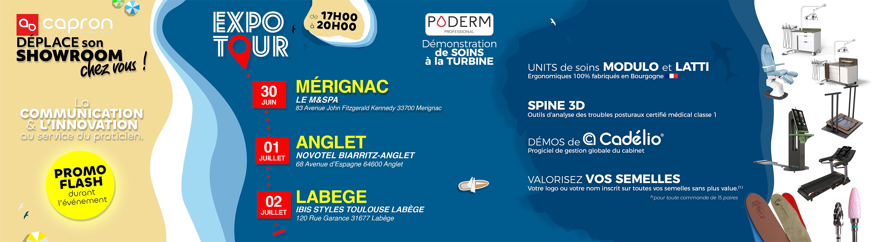 Graphisme de plage, avec les dates de l'ExpoTour en Juin et Juillet 2026, dans la région Sud-Ouest.